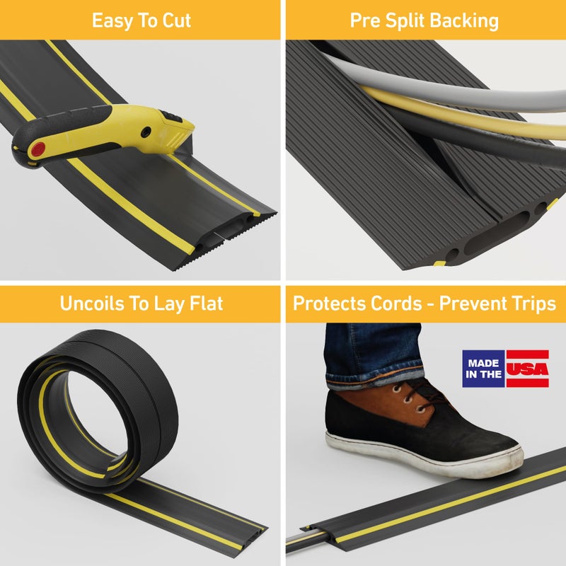 D-Line 6ft Floor Cord Cover, Made in USA Linkable Cable Protector, Hide Extension Cords, Protect Cords, Prevent Cable Trips, Cord Hider, Heavy Duty - Cord Cavity = 1.18" (W) x 0.39" (H), Black/Yellow - Image 2